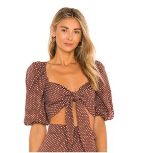 Faithfull The Brand Raylee Brown Bonnie Polka Dot Tie-Front Puff Sleeve Top